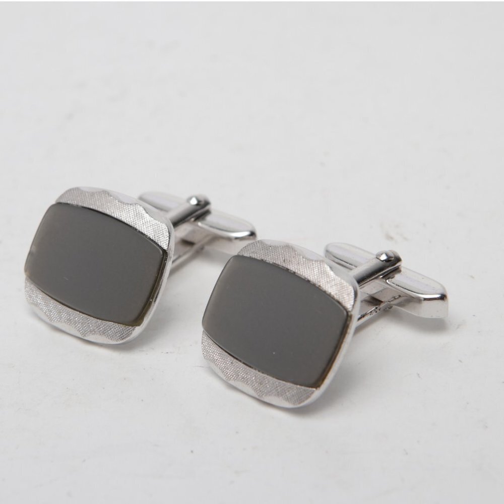 Silver Tone Metal Grey Olive Glass Cuff Links Square Retro Casual